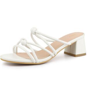 Strappy Heeled Knotted Slingback Block Heel Slide Sandals for Women, White